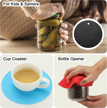 4pcs Silicone Jar Opener Pads, 17.5cm/7" Texture Can Opener Multipurpose Round Bottle Lid Opener Non-Slip Coasters for Weak Hands Seniors Children, Black