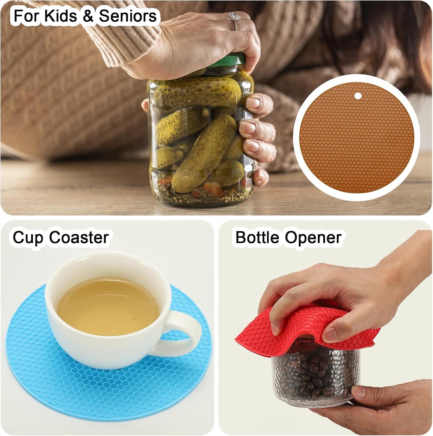 4pcs Silicone Jar Opener Pads, 17.5cm/7" Texture Can Opener Multipurpose Round Bottle Lid Opener Non-Slip Coasters for Weak Hands Seniors Children, Black
