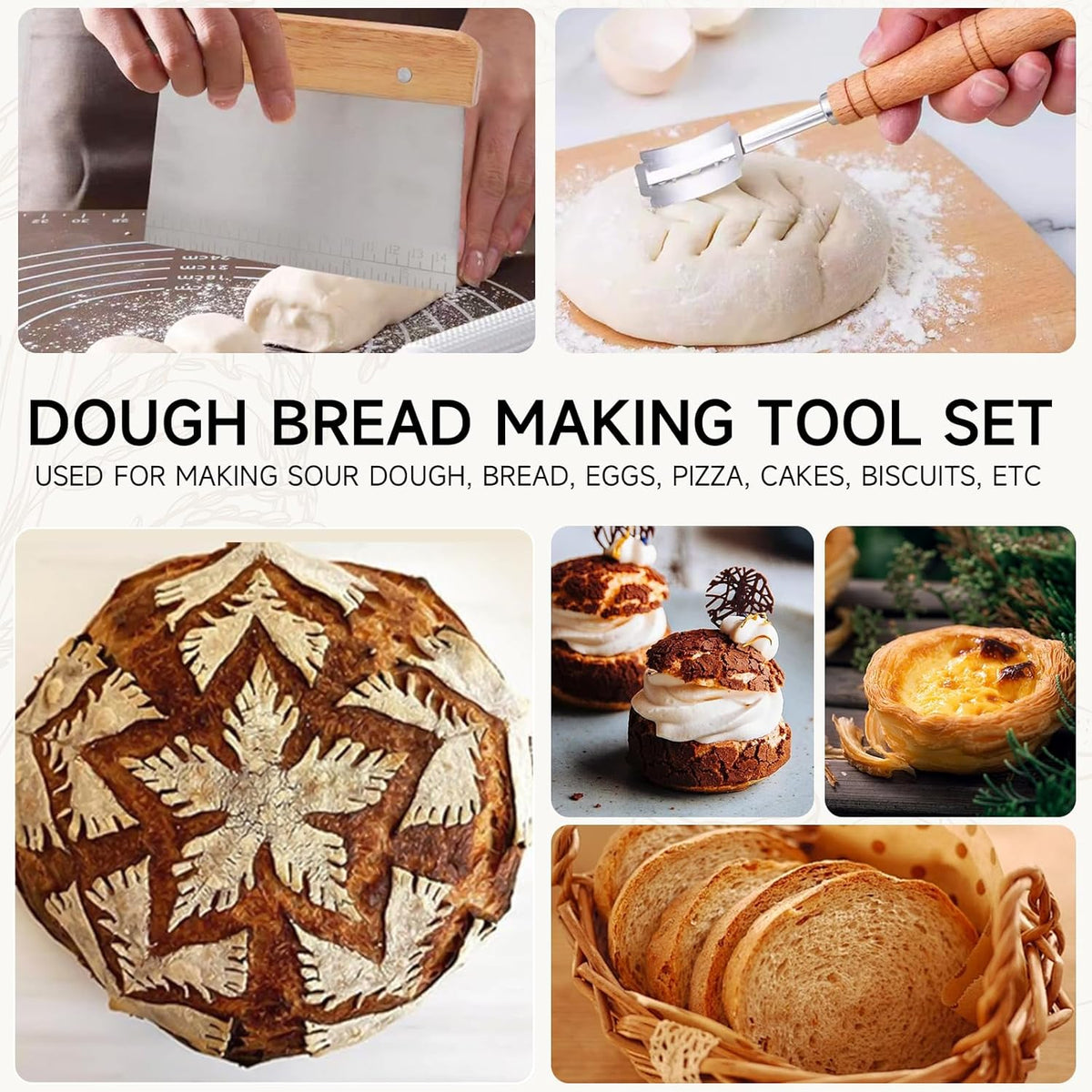 Hand Crafted Bread Lame Premium Sourdough Scoring Tool Bread Making Tools Set of 3 pieces Bread Knife(5 Blades) with Danish Dough Whisk and Dough Scraper Bread Cutter