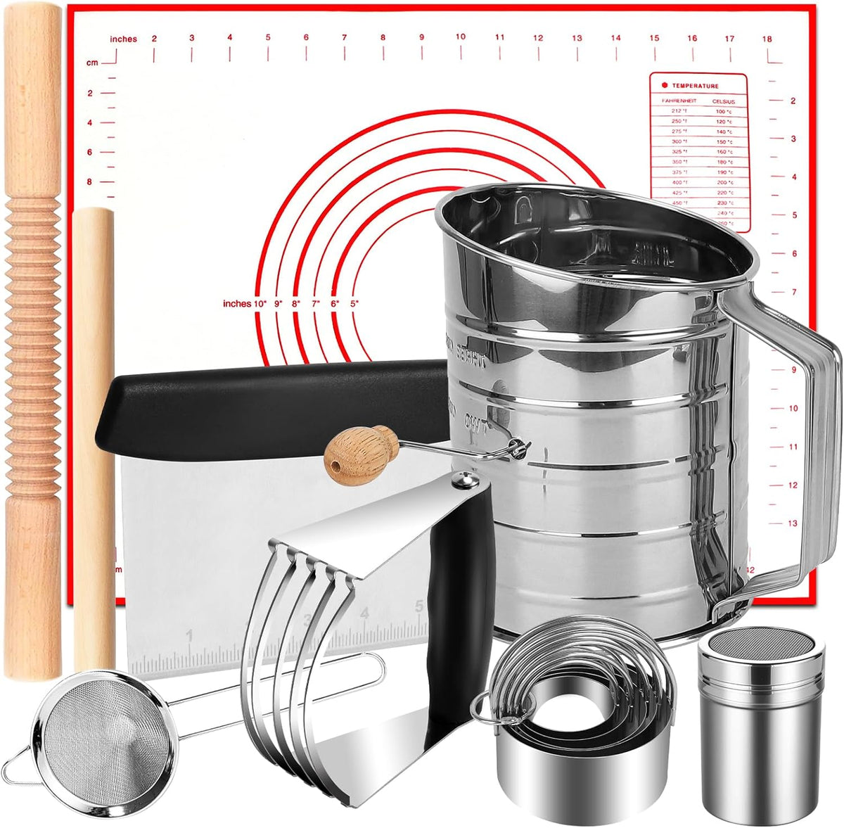 Biscuit Cutter Set, 14PCS Pastry Blender Set with Pastry Cutter, Flour Sifter, Rolling Pin, Biscuit Cutter, Dough Cutter, Powdered Sugar Shaker Duster, Fine Mesh Strainer Baking Mat for Cooking Baking