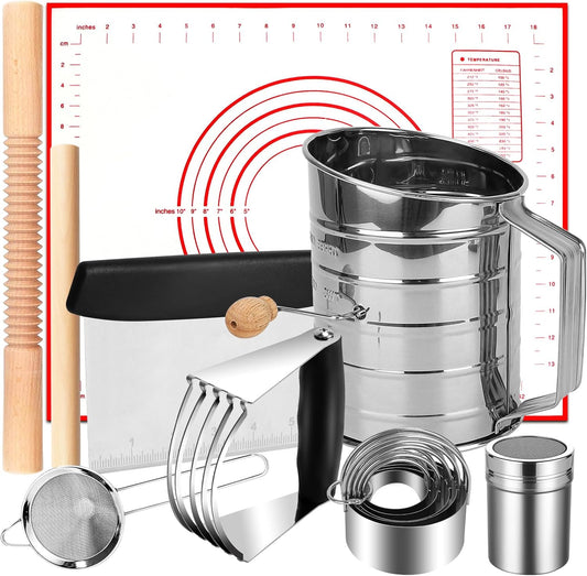 Biscuit Cutter Set, 14PCS Pastry Blender Set with Pastry Cutter, Flour Sifter, Rolling Pin, Biscuit Cutter, Dough Cutter, Powdered Sugar Shaker Duster, Fine Mesh Strainer Baking Mat for Cooking Baking