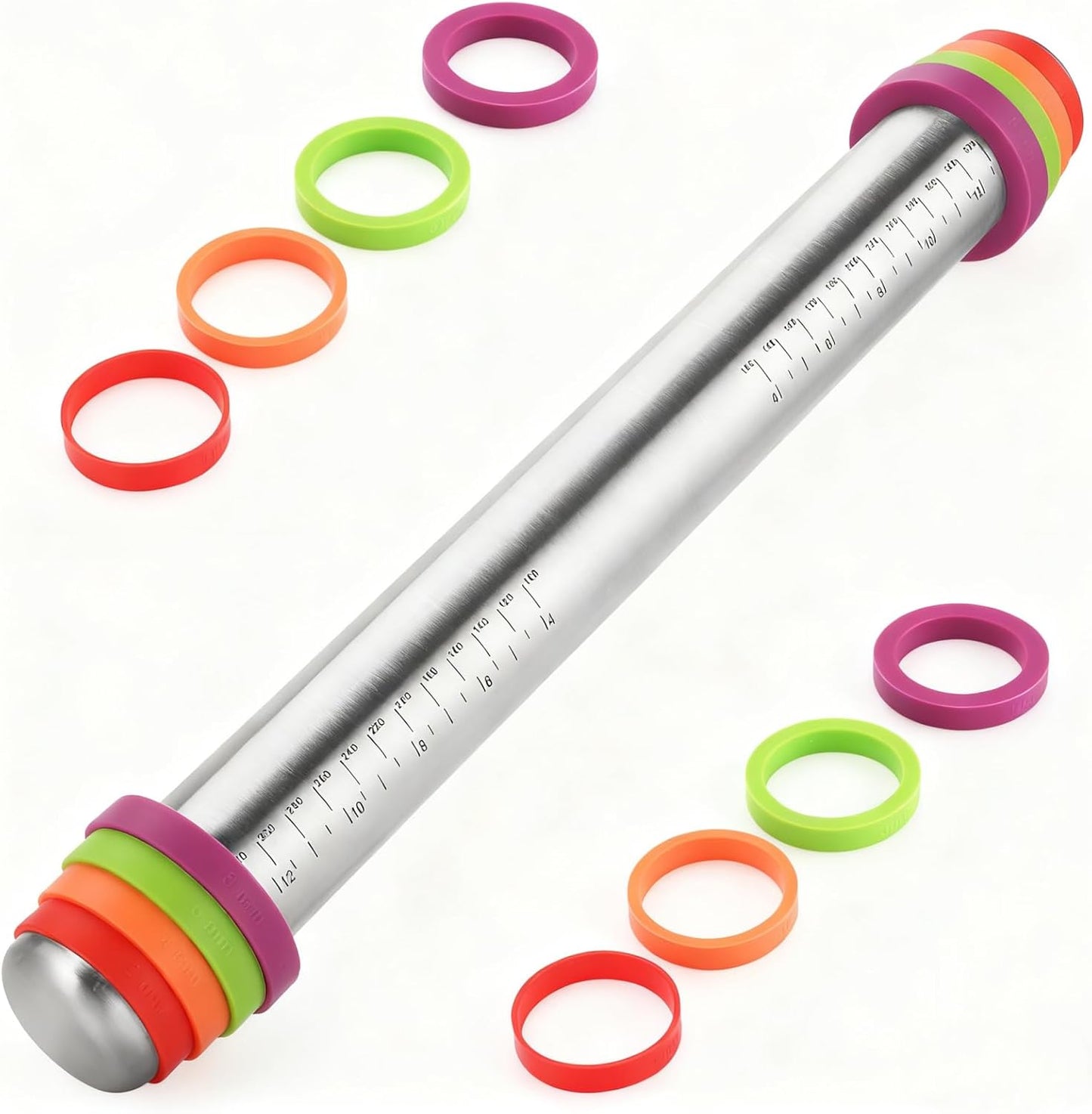 Adjustable Stainless Steel Rolling Pin with Thickness Rings (16.2in) | Seamless Steel, 4 Removable Rings, Non-Stick and Dishwasher Safe for Pie, Pasta, Cookie, Cake Pop and Fondant Baking