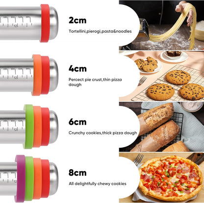 Adjustable Stainless Steel Rolling Pin with Thickness Rings (16.2in) | Seamless Steel, 4 Removable Rings, Non-Stick and Dishwasher Safe for Pie, Pasta, Cookie, Cake Pop and Fondant Baking