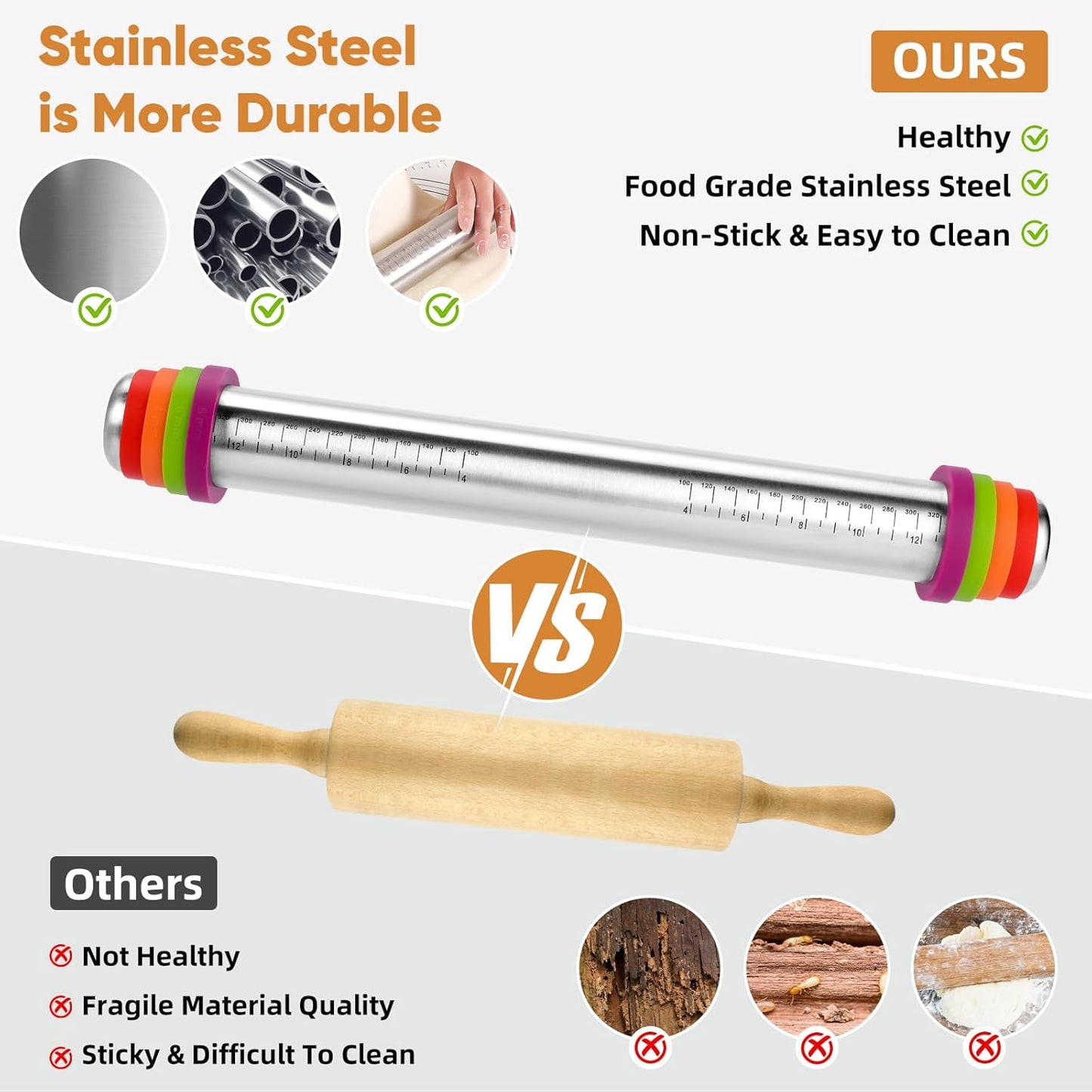 Adjustable Stainless Steel Rolling Pin with Thickness Rings (16.2in) | Seamless Steel, 4 Removable Rings, Non-Stick and Dishwasher Safe for Pie, Pasta, Cookie, Cake Pop and Fondant Baking