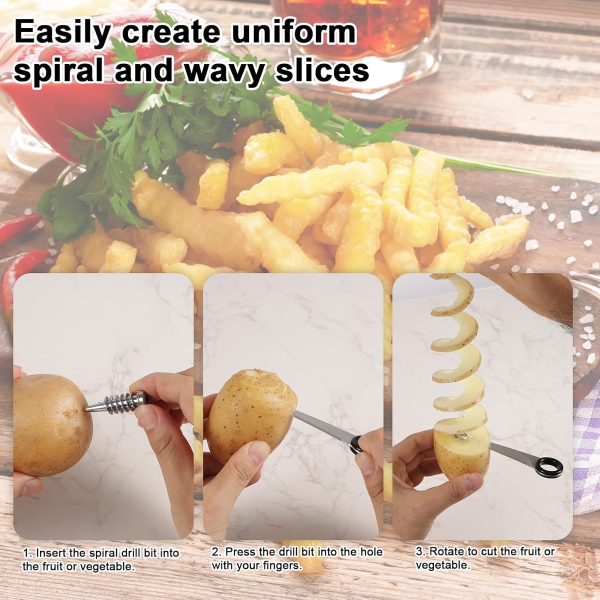 Spiral Cutter & Crinkle Cutter, Stainless Steel & Plastic Manual Spiralizer Wavy Knife for Potatoes Cucumbers Eggs Carrots Fruits Vegetables Home Kitchen Gadgets Restaurant Slicer Tools Supplies