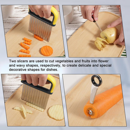 Spiral Cutter & Crinkle Cutter, Stainless Steel & Plastic Manual Spiralizer Wavy Knife for Potatoes Cucumbers Eggs Carrots Fruits Vegetables Home Kitchen Gadgets Restaurant Slicer Tools Supplies