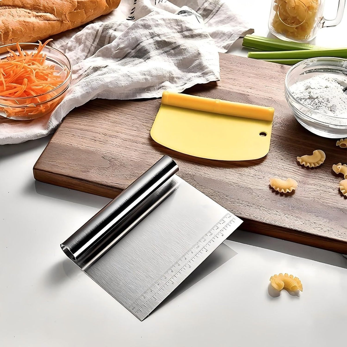 Dough Pastry Scraper Stainless Steel Bench Scraper with Measuring Scale Multipurpose for Butter, Cake, Onion, Vegetable, Pizza Cutter - Pastry Bread Separator
