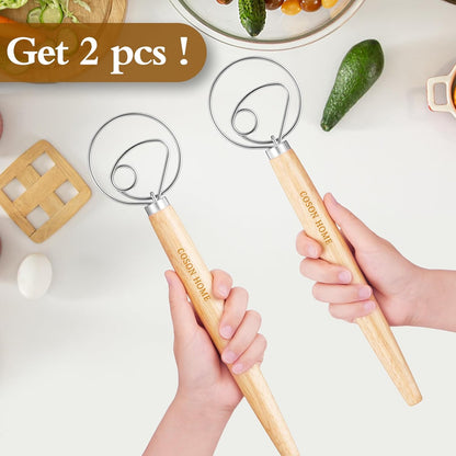 2 Pack Danish Dough Whisk Hook Sourdough Bread Baking Supplies Starter Kit | 13.5 Inches; Quick Hand Mixing Tool; Wooden Handle Stainless Steel Loop; Easy Clean; Diswasher Safe; for Batter Pastry Flour