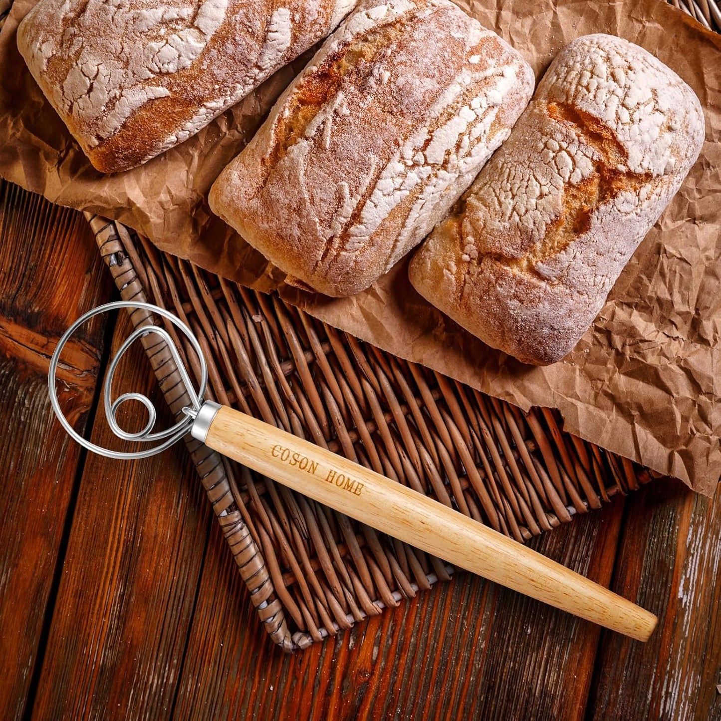 2 Pack Danish Dough Whisk Hook Sourdough Bread Baking Supplies Starter Kit | 13.5 Inches; Quick Hand Mixing Tool; Wooden Handle Stainless Steel Loop; Easy Clean; Diswasher Safe; for Batter Pastry Flour