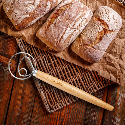 2 Pack Danish Dough Whisk Hook Sourdough Bread Baking Supplies Starter Kit | 13.5 Inches; Quick Hand Mixing Tool; Wooden Handle Stainless Steel Loop; Easy Clean; Diswasher Safe; for Batter Pastry Flour