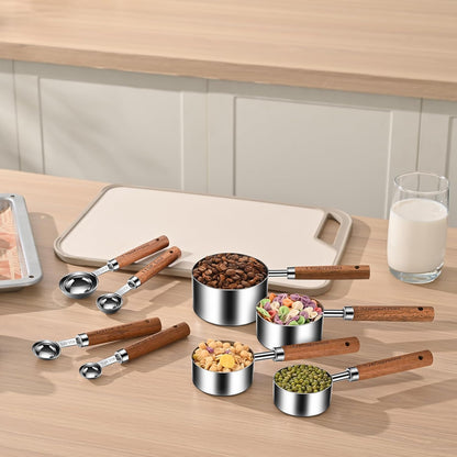 Wooden Handle Measuring Cups & Spoons Set 8-Piece – Stainless Steel, Stackable, Rustic Farmhouse Kitchen Gadgets, Non-Toxic, Dishwasher Safe, Gift for Bakers & New Homeowners.
