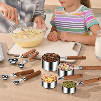 Wooden Handle Measuring Cups & Spoons Set 8-Piece – Stainless Steel, Stackable, Rustic Farmhouse Kitchen Gadgets, Non-Toxic, Dishwasher Safe, Gift for Bakers & New Homeowners.