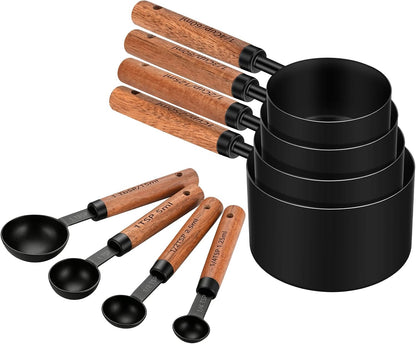 Wooden Handle Measuring Cups & Spoons Set 8-Piece – Stainless Steel, Stackable, Rustic Farmhouse Kitchen Gadgets, Non-Toxic, Dishwasher Safe, Gift for Bakers & New Homeowners.