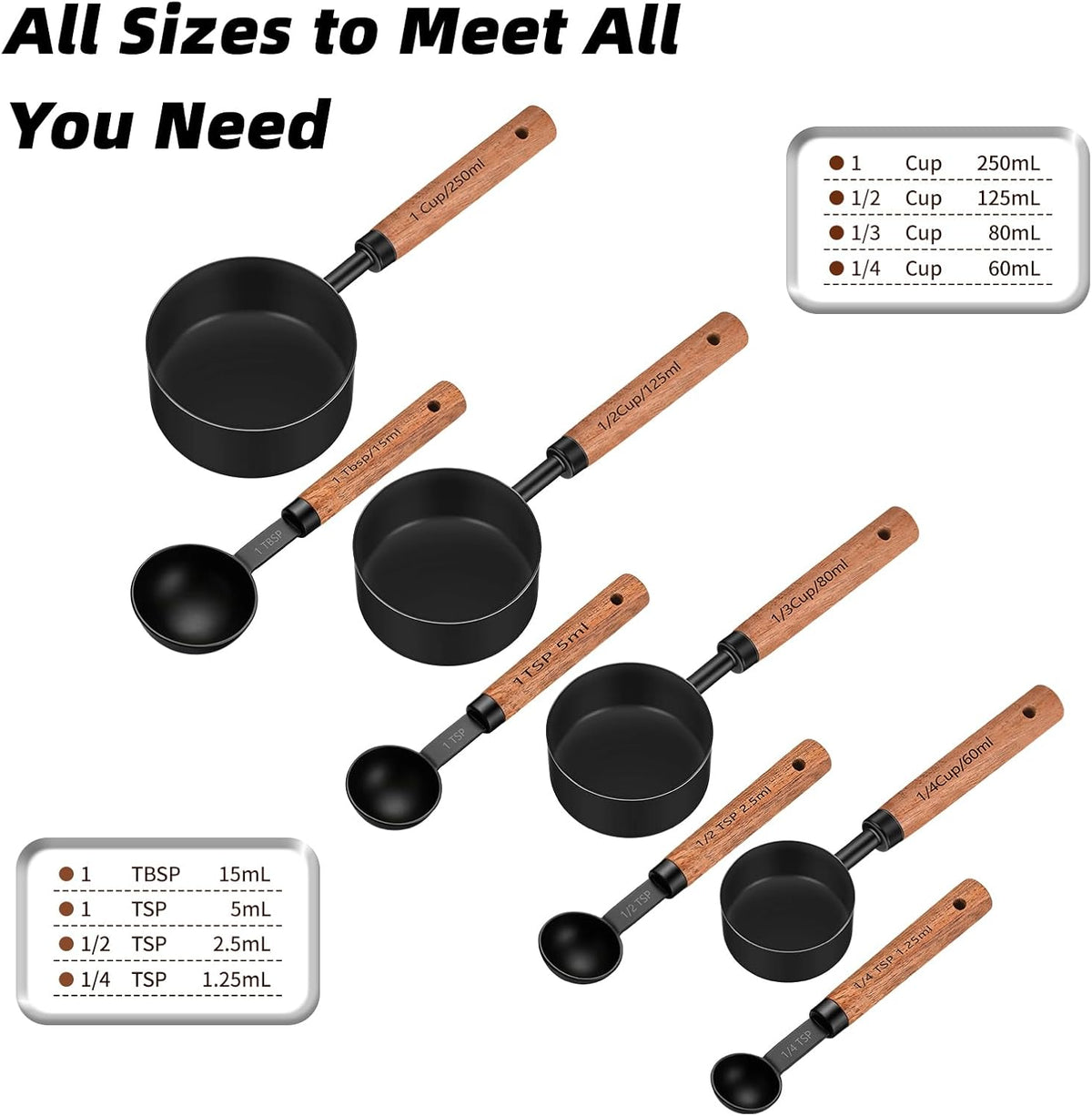 Wooden Handle Measuring Cups & Spoons Set 8-Piece – Stainless Steel, Stackable, Rustic Farmhouse Kitchen Gadgets, Non-Toxic, Dishwasher Safe, Gift for Bakers & New Homeowners.