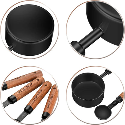 Wooden Handle Measuring Cups & Spoons Set 8-Piece – Stainless Steel, Stackable, Rustic Farmhouse Kitchen Gadgets, Non-Toxic, Dishwasher Safe, Gift for Bakers & New Homeowners.