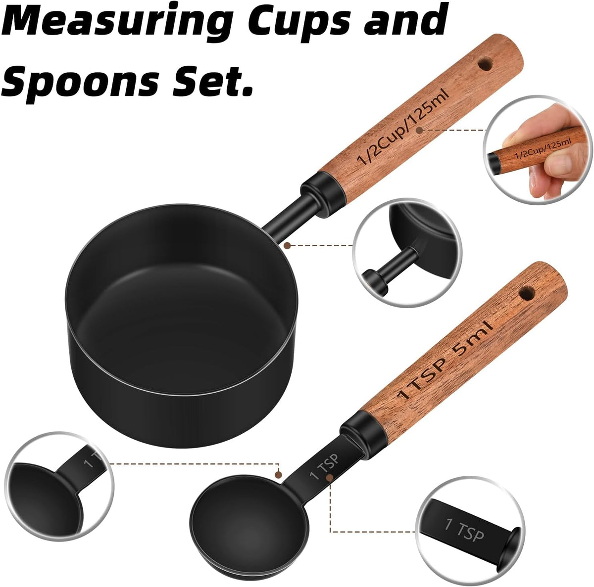 Wooden Handle Measuring Cups & Spoons Set 8-Piece – Stainless Steel, Stackable, Rustic Farmhouse Kitchen Gadgets, Non-Toxic, Dishwasher Safe, Gift for Bakers & New Homeowners.