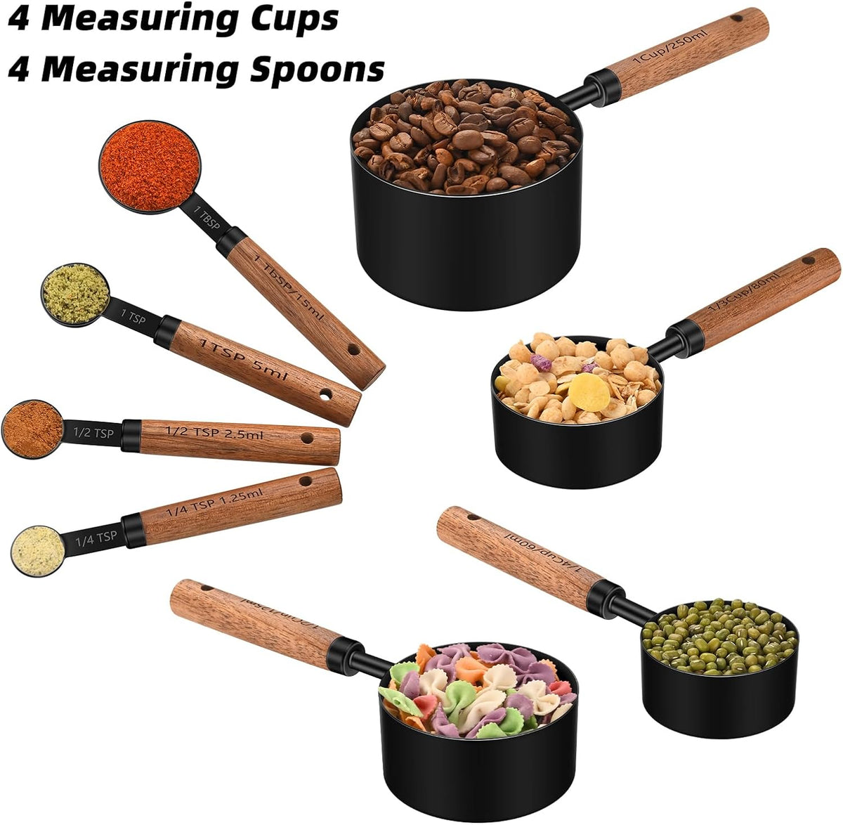 Wooden Handle Measuring Cups & Spoons Set 8-Piece – Stainless Steel, Stackable, Rustic Farmhouse Kitchen Gadgets, Non-Toxic, Dishwasher Safe, Gift for Bakers & New Homeowners.