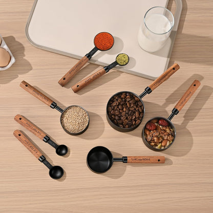 Wooden Handle Measuring Cups & Spoons Set 8-Piece – Stainless Steel, Stackable, Rustic Farmhouse Kitchen Gadgets, Non-Toxic, Dishwasher Safe, Gift for Bakers & New Homeowners.