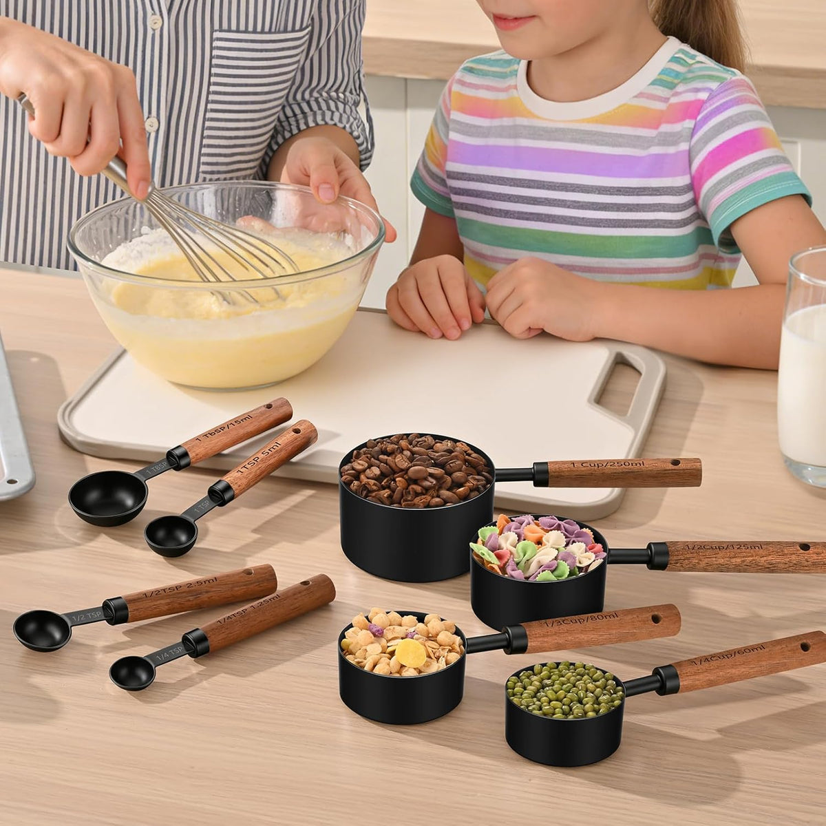 Wooden Handle Measuring Cups & Spoons Set 8-Piece – Stainless Steel, Stackable, Rustic Farmhouse Kitchen Gadgets, Non-Toxic, Dishwasher Safe, Gift for Bakers & New Homeowners.