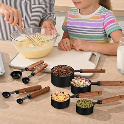 Wooden Handle Measuring Cups & Spoons Set 8-Piece – Stainless Steel, Stackable, Rustic Farmhouse Kitchen Gadgets, Non-Toxic, Dishwasher Safe, Gift for Bakers & New Homeowners.