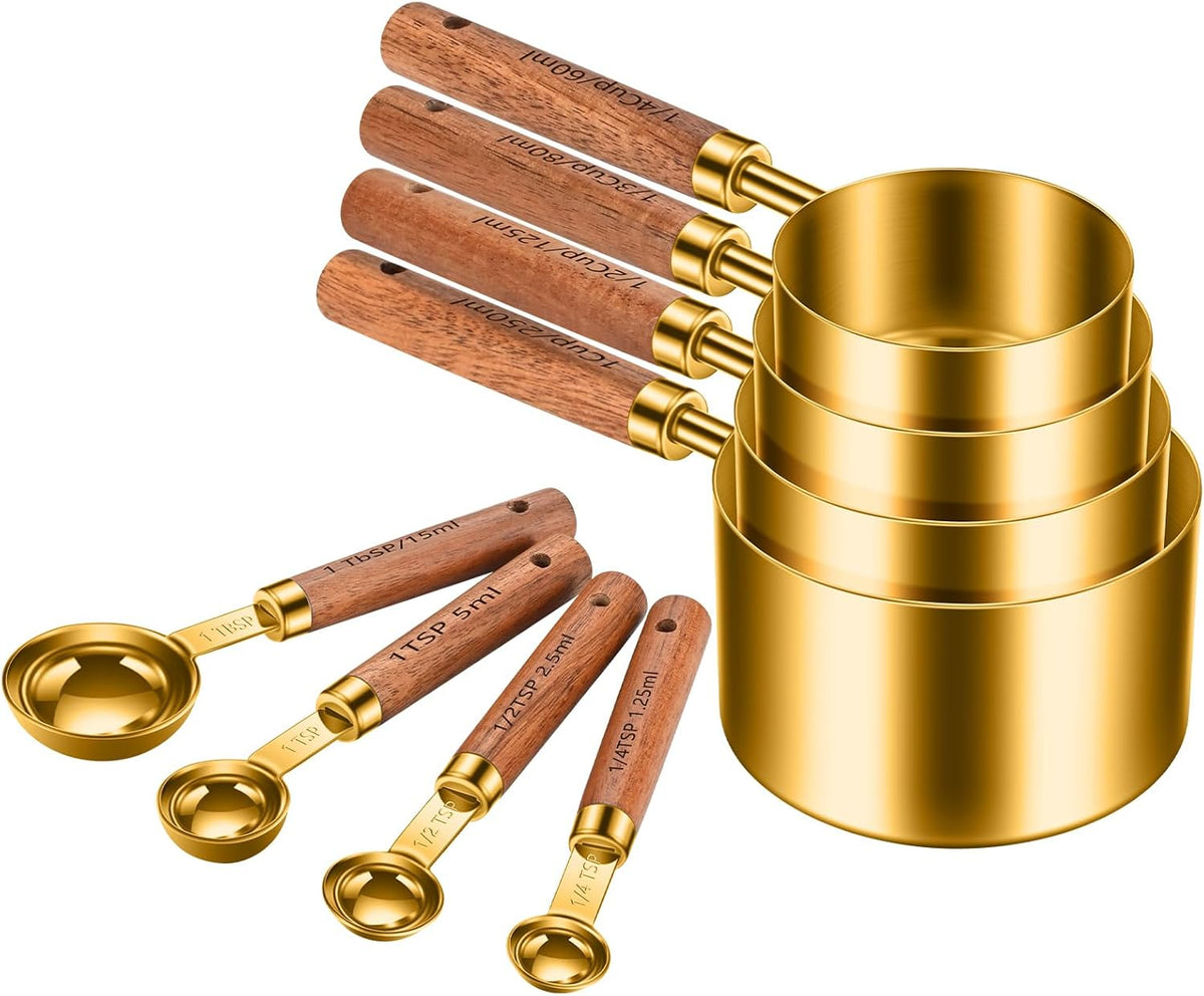 Wooden Handle Measuring Cups & Spoons Set 8-Piece – Stainless Steel, Stackable, Rustic Farmhouse Kitchen Gadgets, Non-Toxic, Dishwasher Safe, Gift for Bakers & New Homeowners.