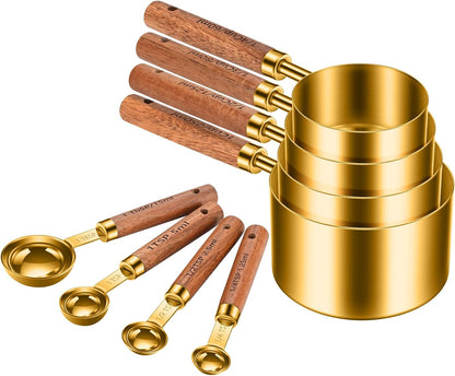 Wooden Handle Measuring Cups & Spoons Set 8-Piece – Stainless Steel, Stackable, Rustic Farmhouse Kitchen Gadgets, Non-Toxic, Dishwasher Safe, Gift for Bakers & New Homeowners.