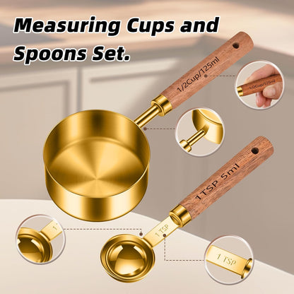 Wooden Handle Measuring Cups & Spoons Set 8-Piece – Stainless Steel, Stackable, Rustic Farmhouse Kitchen Gadgets, Non-Toxic, Dishwasher Safe, Gift for Bakers & New Homeowners.