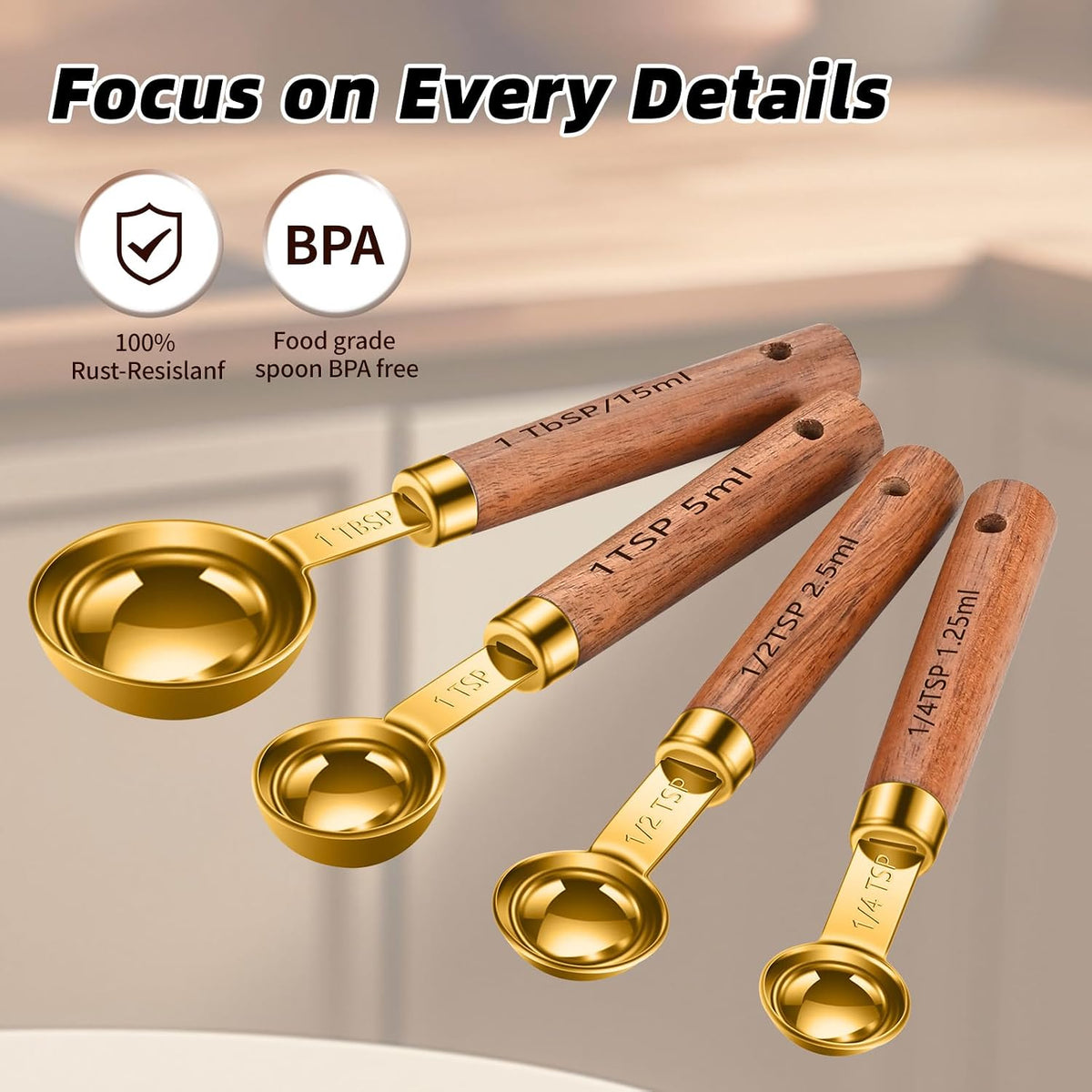 Wooden Handle Measuring Cups & Spoons Set 8-Piece – Stainless Steel, Stackable, Rustic Farmhouse Kitchen Gadgets, Non-Toxic, Dishwasher Safe, Gift for Bakers & New Homeowners.