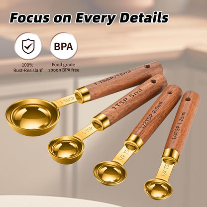 Wooden Handle Measuring Cups & Spoons Set 8-Piece – Stainless Steel, Stackable, Rustic Farmhouse Kitchen Gadgets, Non-Toxic, Dishwasher Safe, Gift for Bakers & New Homeowners.
