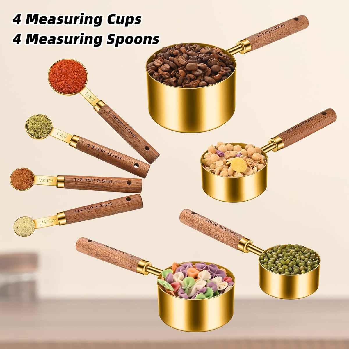 Wooden Handle Measuring Cups & Spoons Set 8-Piece – Stainless Steel, Stackable, Rustic Farmhouse Kitchen Gadgets, Non-Toxic, Dishwasher Safe, Gift for Bakers & New Homeowners.