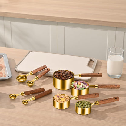 Wooden Handle Measuring Cups & Spoons Set 8-Piece – Stainless Steel, Stackable, Rustic Farmhouse Kitchen Gadgets, Non-Toxic, Dishwasher Safe, Gift for Bakers & New Homeowners.