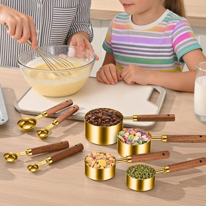 Wooden Handle Measuring Cups & Spoons Set 8-Piece – Stainless Steel, Stackable, Rustic Farmhouse Kitchen Gadgets, Non-Toxic, Dishwasher Safe, Gift for Bakers & New Homeowners.