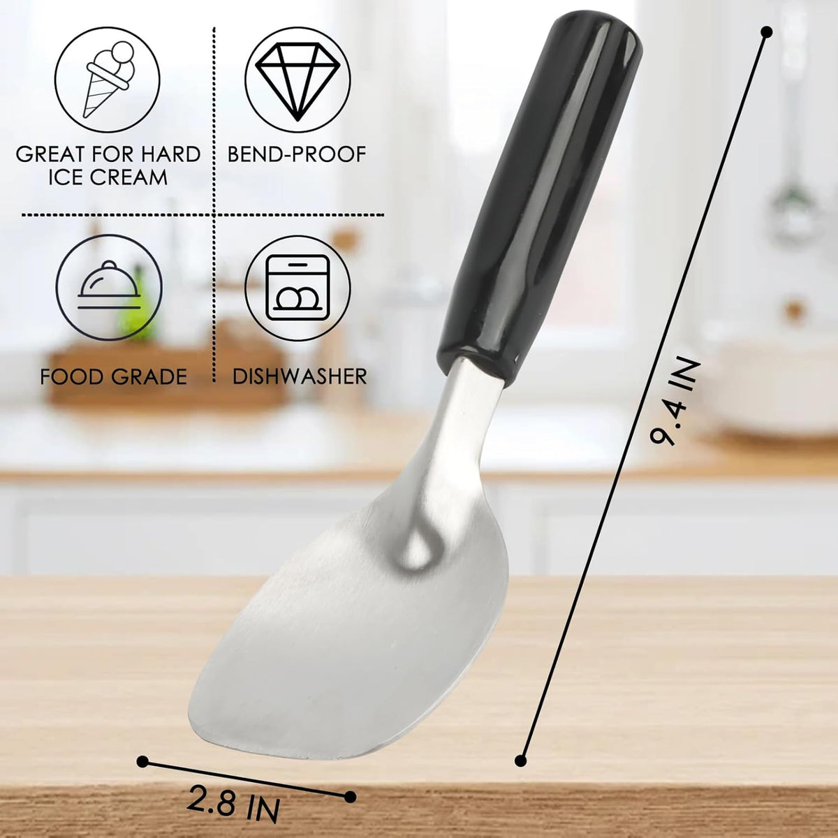 Stainless Steel Ice Cream Spade with Non-Slip Handle, Heavy Duty Ice Cream Spade Scoop for Hard or Creamy Ice Cream, Durable Bend Proof Flat Ice Cream Paddle, Easy Scooping & Dishwasher Safe