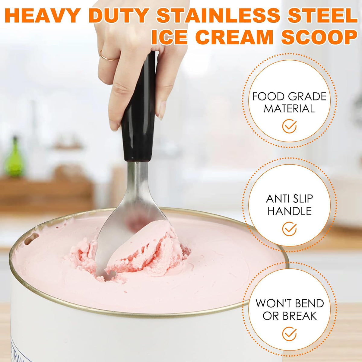 Stainless Steel Ice Cream Spade with Non-Slip Handle, Heavy Duty Ice Cream Spade Scoop for Hard or Creamy Ice Cream, Durable Bend Proof Flat Ice Cream Paddle, Easy Scooping & Dishwasher Safe
