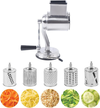 Upgrade Manual Rotary Cheese Grater, Stainless Steel Vegetable Cheese Grater Rotary Chopper, Suction Cup Type Food Slicer Rotary Chopper, with 5 Stainless Drum, for Home Kitchen Restaurant