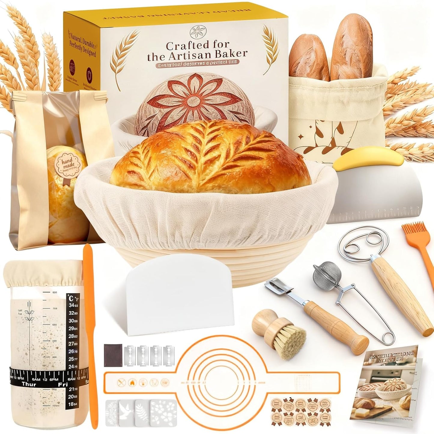 Complete Sourdough Starter Kit | Easy to Clean for Beginners | Sourdough Bread Baking Supplies with Round Bread Proofing Basket, Bread Sling, Starter Jar, Dough Whisk, Scrapers, Bag,Manual