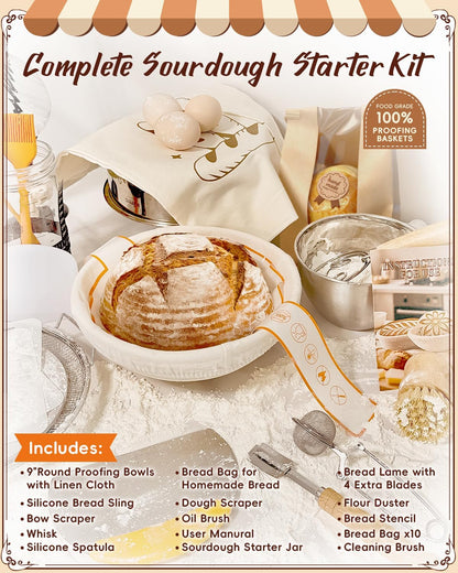 Complete Sourdough Starter Kit | Easy to Clean for Beginners | Sourdough Bread Baking Supplies with Round Bread Proofing Basket, Bread Sling, Starter Jar, Dough Whisk, Scrapers, Bag,Manual
