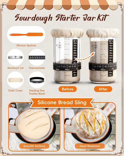 Complete Sourdough Starter Kit | Easy to Clean for Beginners | Sourdough Bread Baking Supplies with Round Bread Proofing Basket, Bread Sling, Starter Jar, Dough Whisk, Scrapers, Bag,Manual