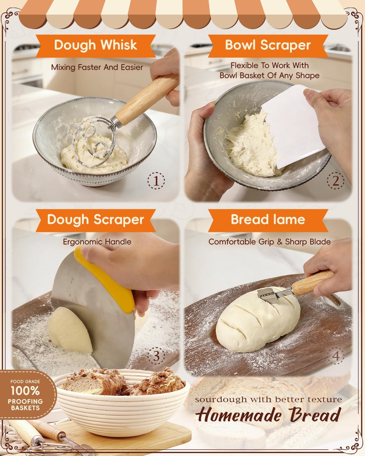 Complete Sourdough Starter Kit | Easy to Clean for Beginners | Sourdough Bread Baking Supplies with Round Bread Proofing Basket, Bread Sling, Starter Jar, Dough Whisk, Scrapers, Bag,Manual