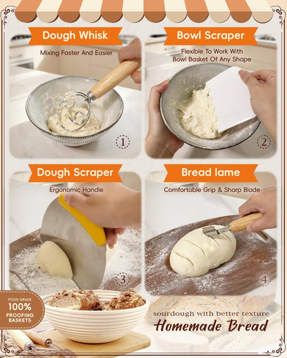 Complete Sourdough Starter Kit | Easy to Clean for Beginners | Sourdough Bread Baking Supplies with Round Bread Proofing Basket, Bread Sling, Starter Jar, Dough Whisk, Scrapers, Bag,Manual