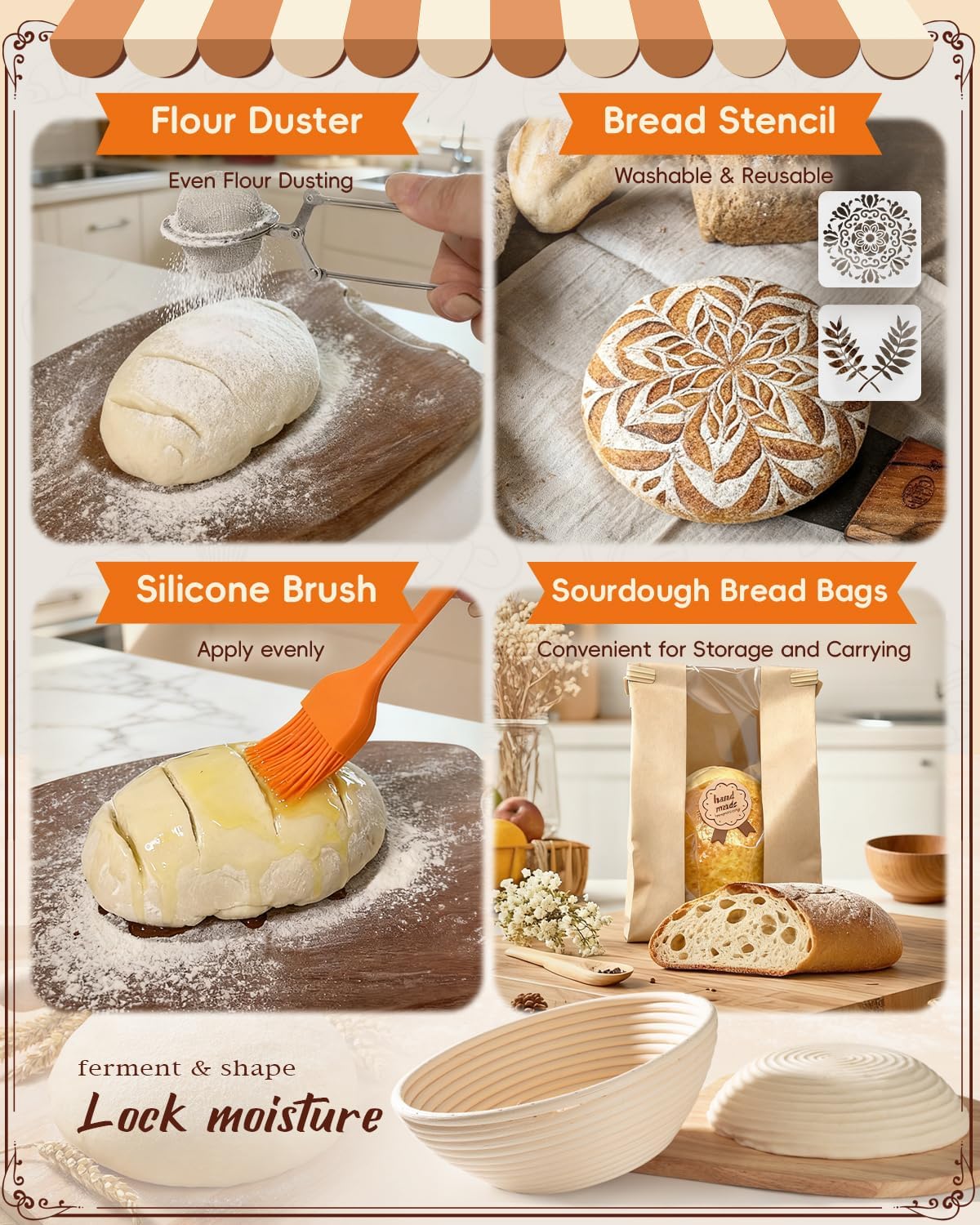 Complete Sourdough Starter Kit | Easy to Clean for Beginners | Sourdough Bread Baking Supplies with Round Bread Proofing Basket, Bread Sling, Starter Jar, Dough Whisk, Scrapers, Bag,Manual