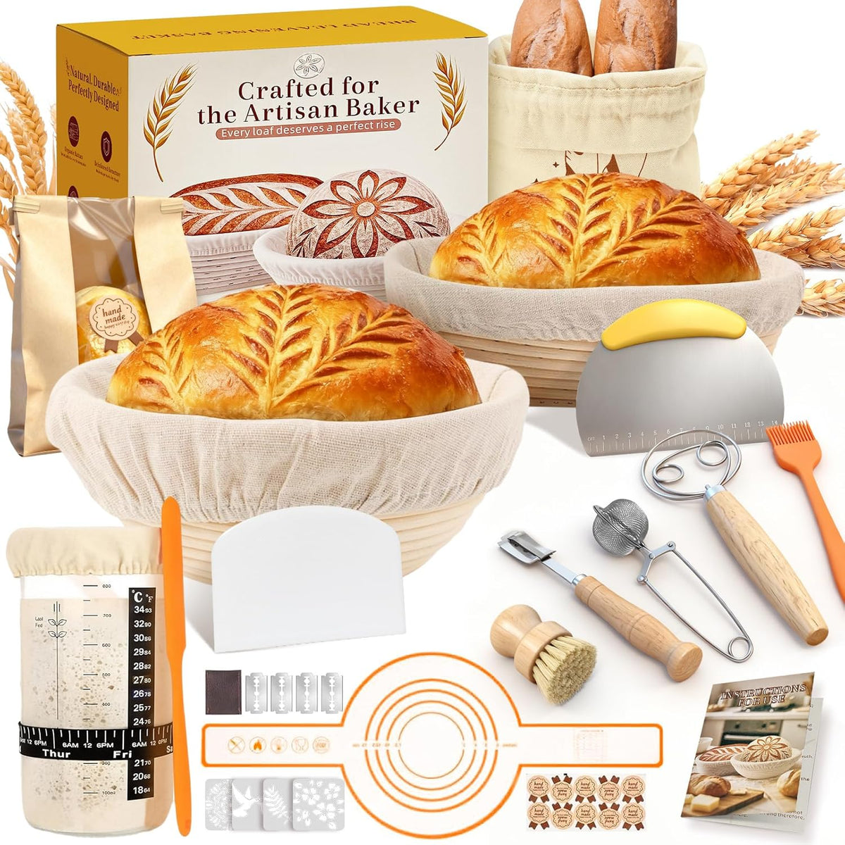 Complete Sourdough Starter Kit | Easy to Clean for Beginners | Sourdough Bread Baking Supplies with Round Bread Proofing Basket, Bread Sling, Starter Jar, Dough Whisk, Scrapers, Bag,Manual