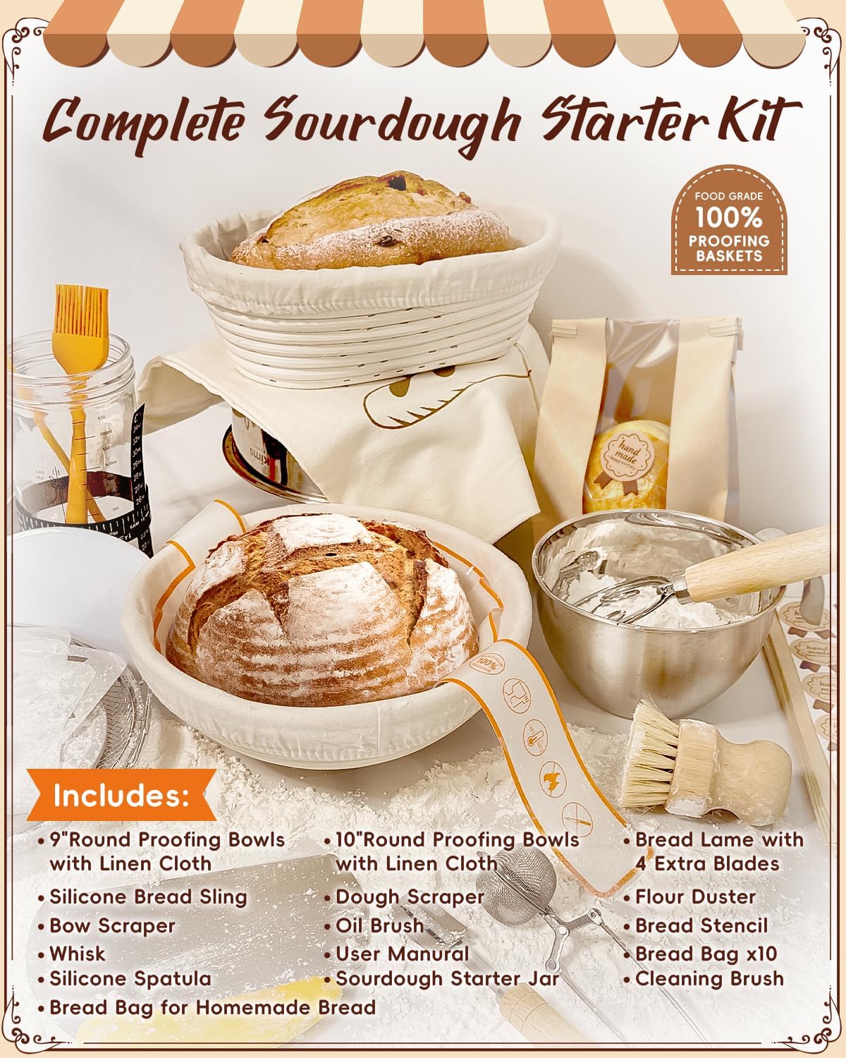 Complete Sourdough Starter Kit | Easy to Clean for Beginners | Sourdough Bread Baking Supplies with Round Bread Proofing Basket, Bread Sling, Starter Jar, Dough Whisk, Scrapers, Bag,Manual
