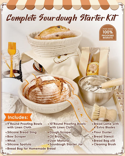 Complete Sourdough Starter Kit | Easy to Clean for Beginners | Sourdough Bread Baking Supplies with Round Bread Proofing Basket, Bread Sling, Starter Jar, Dough Whisk, Scrapers, Bag,Manual