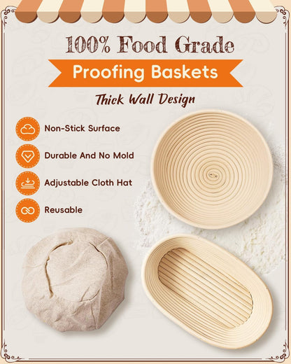 Complete Sourdough Starter Kit | Easy to Clean for Beginners | Sourdough Bread Baking Supplies with Round Bread Proofing Basket, Bread Sling, Starter Jar, Dough Whisk, Scrapers, Bag,Manual