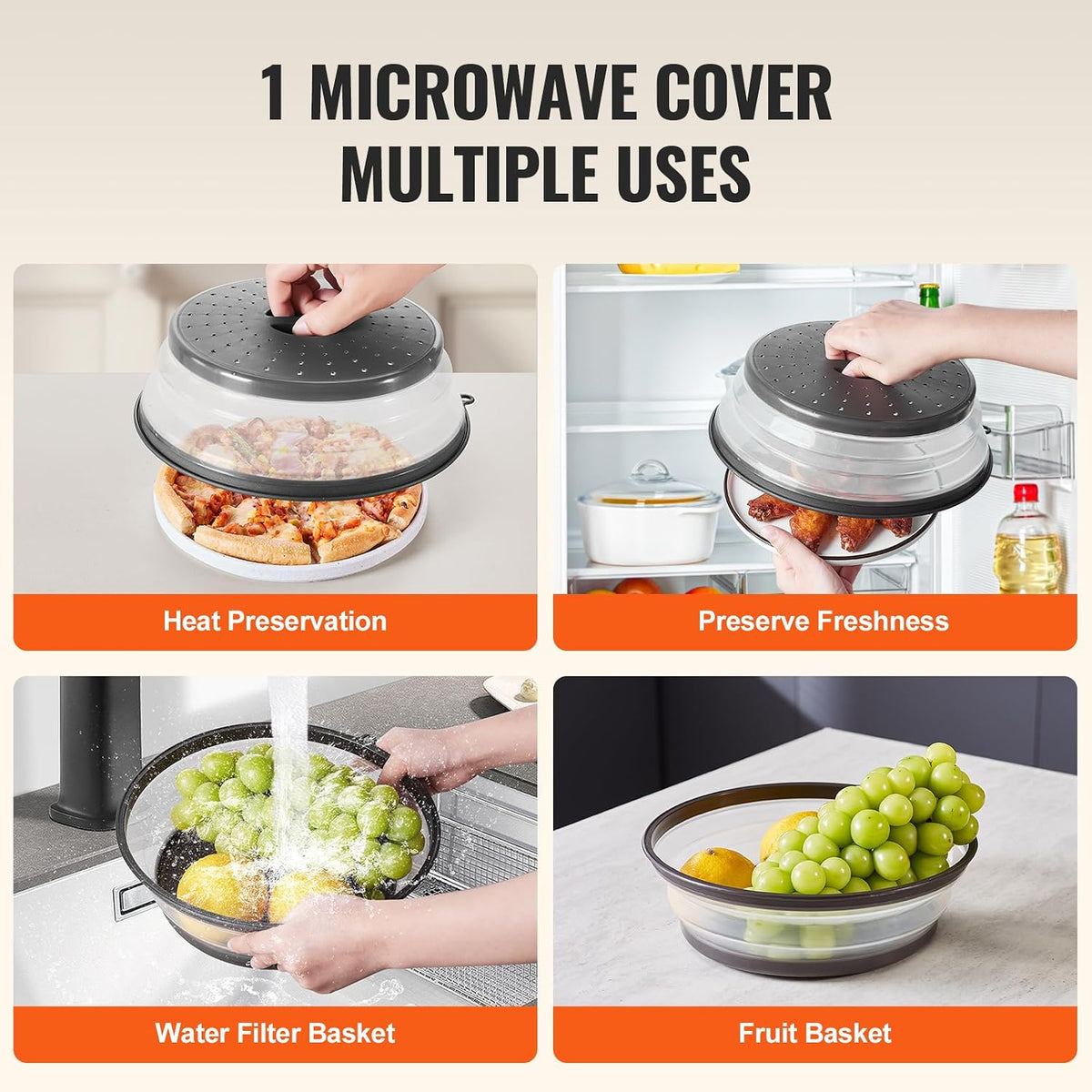 Microwave Splatter Covers, 10.4" Collapsible Microwave Lid for Food, 300°F Heat-Resistant PP Splatter Guard for Plate Dish, Multi-Use Kitchen Colander Gadget for Washing Fruits Vegetables