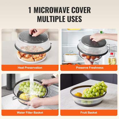 Microwave Splatter Covers, 10.4" Collapsible Microwave Lid for Food, 300°F Heat-Resistant PP Splatter Guard for Plate Dish, Multi-Use Kitchen Colander Gadget for Washing Fruits Vegetables
