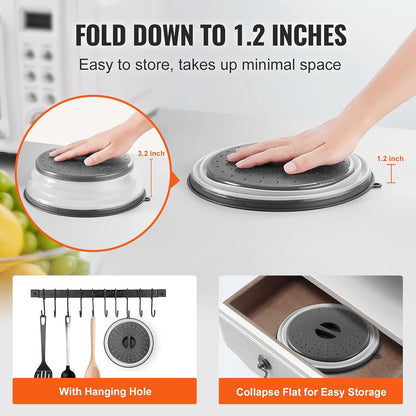 Microwave Splatter Covers, 10.4" Collapsible Microwave Lid for Food, 300°F Heat-Resistant PP Splatter Guard for Plate Dish, Multi-Use Kitchen Colander Gadget for Washing Fruits Vegetables