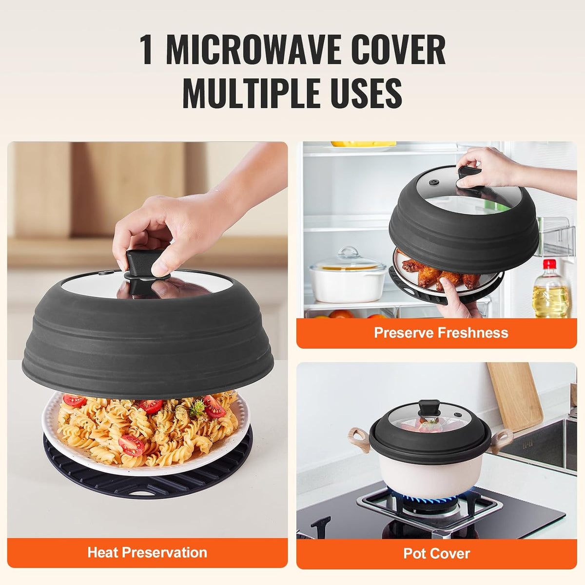 Microwave Splatter Covers, 10.4" Collapsible Microwave Lid for Food, 300°F Heat-Resistant PP Splatter Guard for Plate Dish, Multi-Use Kitchen Colander Gadget for Washing Fruits Vegetables