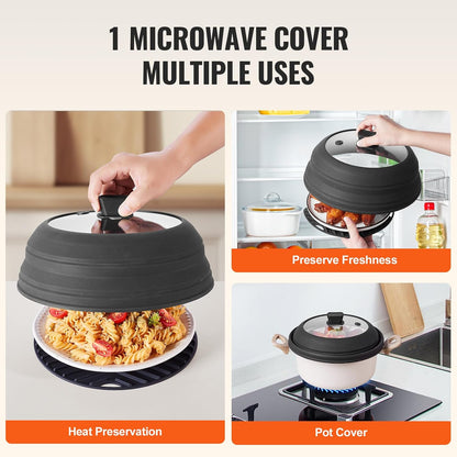 Microwave Splatter Covers, 10.4" Collapsible Microwave Lid for Food, 300°F Heat-Resistant PP Splatter Guard for Plate Dish, Multi-Use Kitchen Colander Gadget for Washing Fruits Vegetables